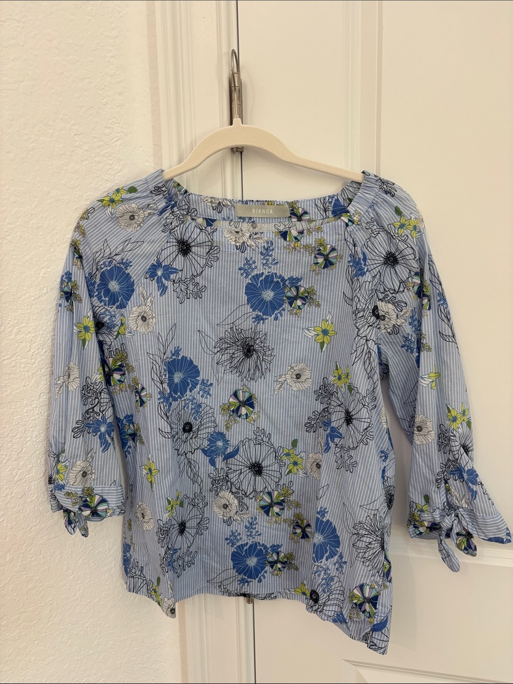 Bianca Blue Floral Stripe Peasant Blouse US 8